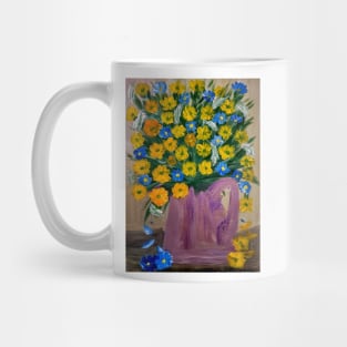 Yellow and blue daisy In a gold and copper jug vase . Mug